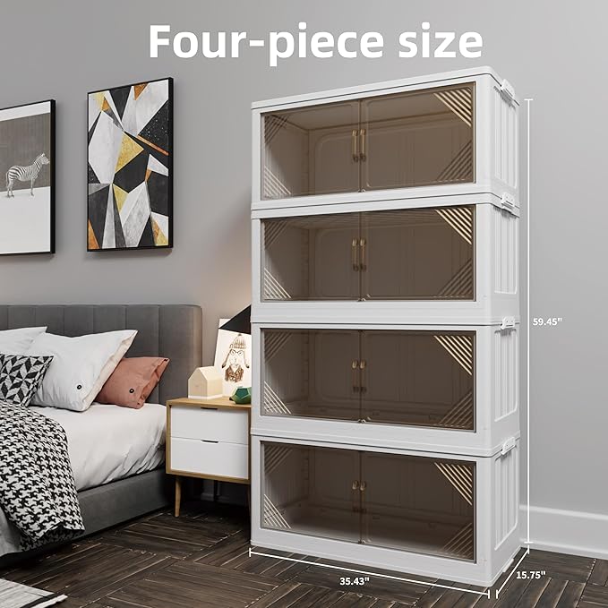 TO'GO HI 573QT 4-Pack 35.4’’ Wide Transparent Plastic Storage Cabinets for Closet Organizers and Storage Folding Storage Box Stackable Storage Bins with Open Front Door