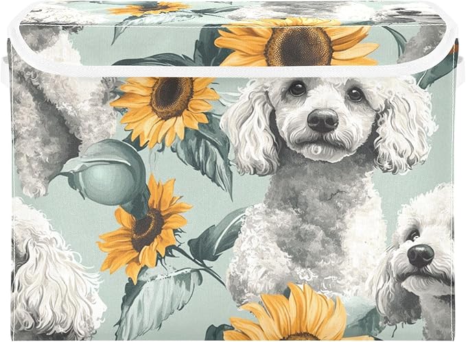 Collapsible Storage Bins with Lids Decorative Fabric Storage Cubes Closet Organizer and Storage Basket Boxes Containers for Clothes Box Chest Nursery Folding Rectangle White Poodle Sunflower