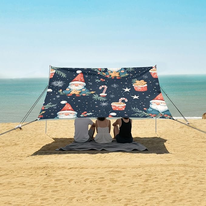 Winter Gnome Gingerbread Beach Tent Sun Shelter Set UPF50+ UV Protection 10.5 x 9.19 FT Camping Shade Canopy with Sandbags Sand Anchors Carrying Bag and Others