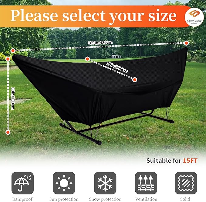 Hammock Cover Waterproof420D Heavy Duty Oxford Cover with Elastic Ropes and Fastening Tapefor 10-15FT Hammock Stand (59 * 189 * 39inBlack)