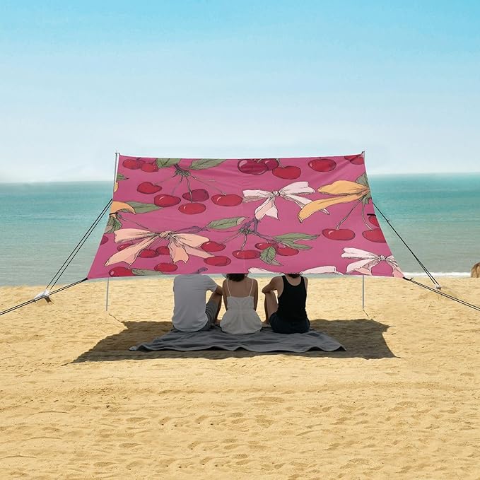 ALAZA Cherry Pink White Yellow Bow Pattern Beach Tent Sun Shelter Portable Canopy Sunshade for Outdoor Camping Picnics Backyard Fun 10x9 ft