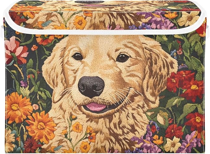 Storage Cube with Lid Labrador Floral Print 16.5×12.6×11.8 IN Collapsible Large Capacity Foldable Storage Basket Bin Organizer