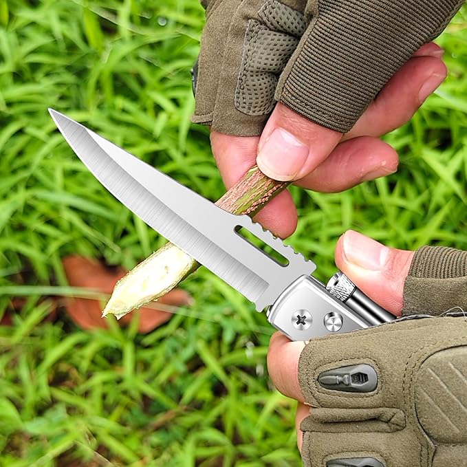 AK47 Style Tactical Folding Knife 6-Pack – Bulk Set with LED Light Wood Handle Laser Engraving Ready Best Man Gifts Outdoor Camping Hiking Gear for Groups (6)