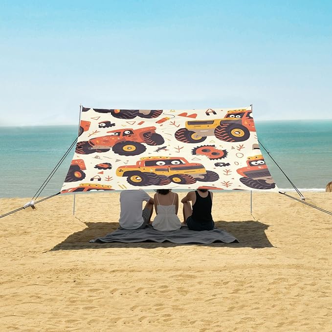 Hand Drawn Truck Car Pattern Cute Foldable Beach Tent UPF50+ Protection Water-Resistant Shade Sun Shelter with Carrying Bag for Camping Picnics Backyard