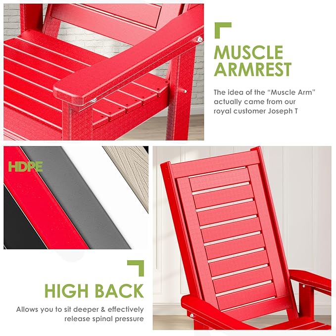 GREENVINES Outdoor Rocking Chair Set | 3-Piece | 2 Rocking Chairs with 1 Side Table | Porch Rocker | HDPE Plastic | Red | Patio Furniture Sets | High Back | Big &amp Tall | Ladder Back
