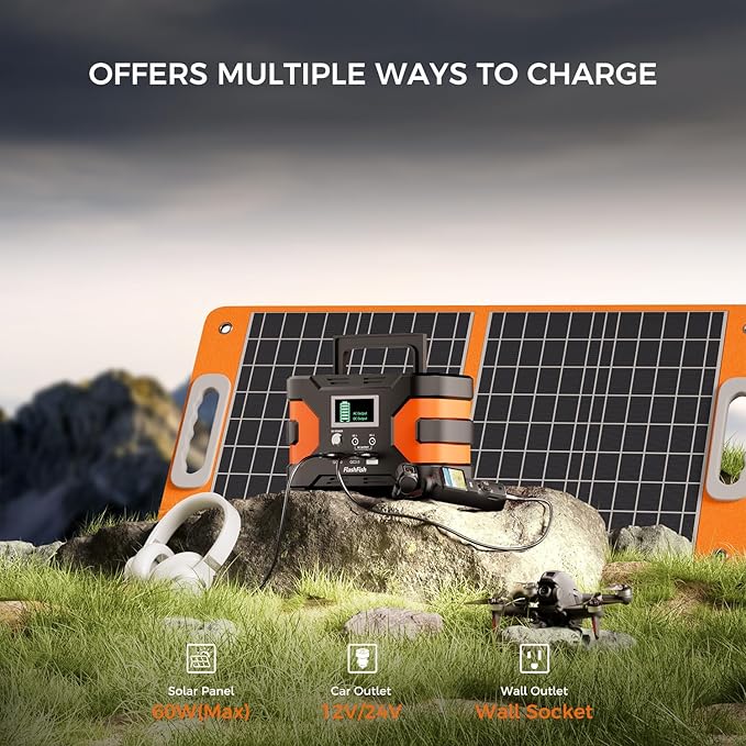 FF FLASHFISH 166Wh Portable Power Station 150W Solar Generator with AC/Quick Charge USB/DC Outputs Backup Power Battery Pack for Camping CPAP Travel Home Emergency