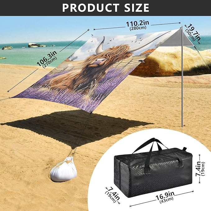 ALAZA Lavender Highland Cattle Beach Tent Sun Shelter Portable Canopy Sunshade for Outdoor Camping Picnics Backyard Fun 10x9 ft