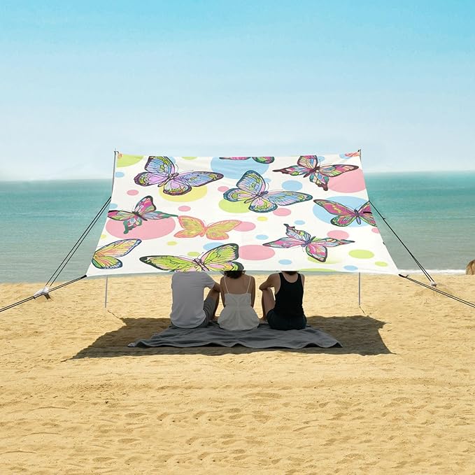 Beach Canopy with Windproof Ropes &amp Sandbags Beach Tent Sun Shade Sun Shelter for Camping Trips Fishing Backyard Fun or Picnics Butterfly