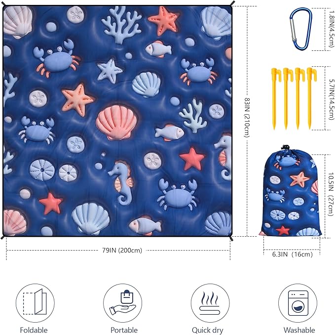 WIWIGO Beach Blanket Waterproof Sandproof Beach Mat 79 X 83/10'x9'for 2-8 Adults Quick Drying Outdoor Picnic Mat Beach Accessories for Travel Camping Hiking
