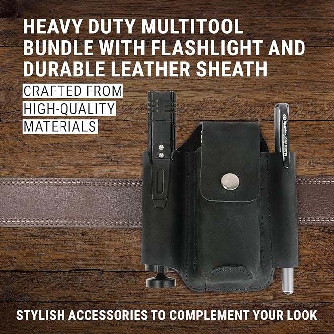 EPG Heavy Duty Multitool Bundle: Leather Case Multi-Function Flashlight Screwdriver Bits 18 Stainless Steel Locking Tools EDC Gear with Pliers Bottle Opener Box Cutter and More Fits in Pocket