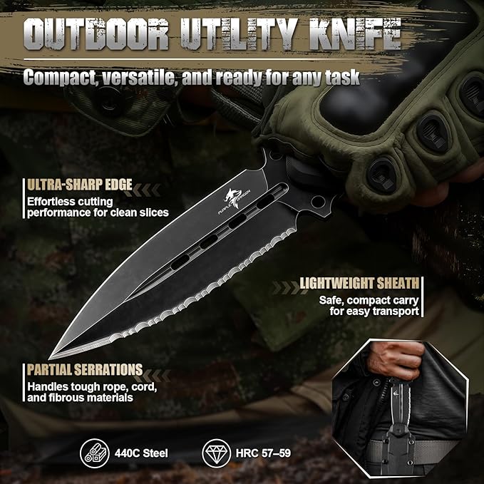 Purple Dragon Fixed Blade Knife with Kydex Sheath440C Steel Full Tang Outdoor Utility Knife with G10 Handle for Camping HikingBushcraft &amp Outdoor Use-Black