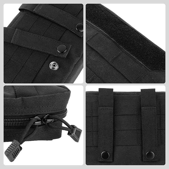 FOCUHUNTER Tactical Molle Pouch Zippered Horizontal Modular Pouches 1000D Oxford Fabric Tactical Waist Pack Utility EDC Tool Organizer with Map Sleeve Vertical Strap &amp Metal Snap 8 L x 3 W x