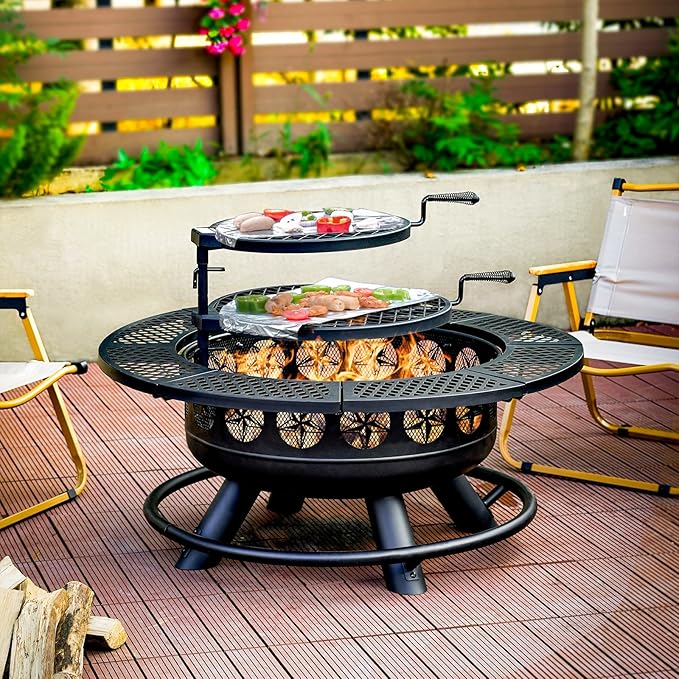 36 Inch Fire Pit with 2 Cooking GrillsOutdoor Wood Burning BBQ Firepit with Lid 3-in-1 Outdoor Fire Pit for Backyard Deck Bonfire Patio Picnic(Black)