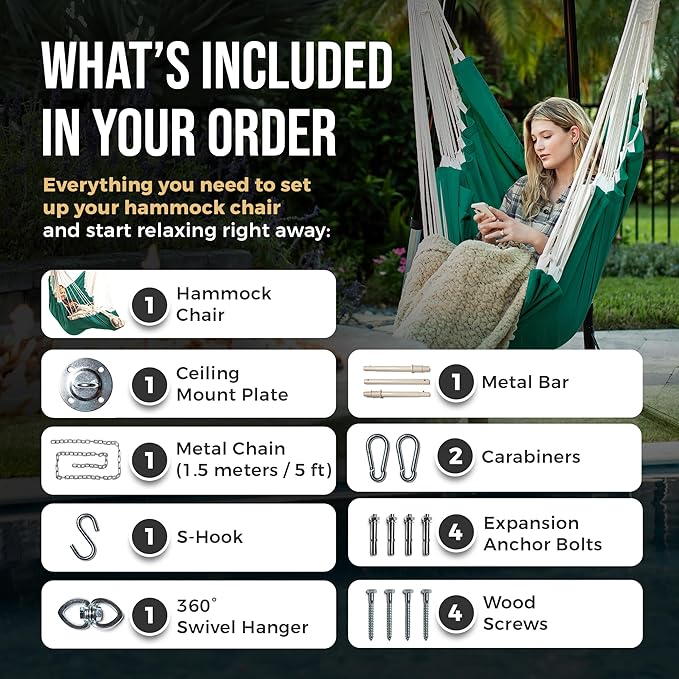 Hanging Hammock Chair Swing – Hanging Chair Outdoor &amp Indoor - Hammock Swing Chair – Quick &amp Easy Setup with Hardware Kit – Durable &amp Spacious Full Body Support – Holds 440 Lbs