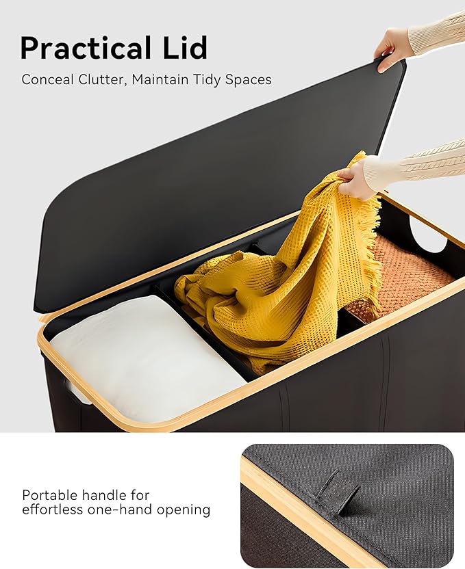 Storage Basket with Lid and Handles 135L Fabric Bin with Divider for Shelf Closet Toy Organization Collapsible Storage Organizer for Home Black