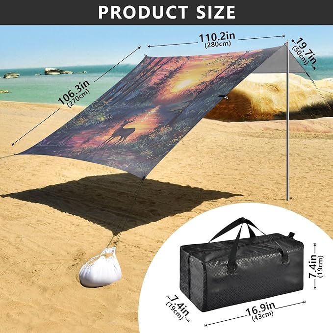 ALAZA Deer in Forest Sunset Beach Tent Sun Shelter Portable Canopy Sunshade for Outdoor Camping Picnics Backyard Fun 10x9 ft