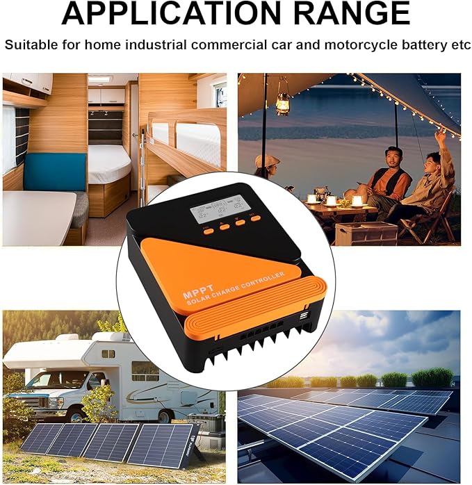 60A 100V MPPT Solar Charge Controller 12V/24V Auto Adaptive Dual 5V/3A USB Charging Port for LiFePO4 LA Lithium TL Gel Flooded and AGM Battery