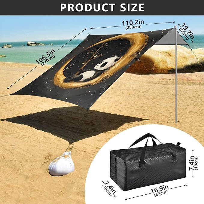 ALAZA Panda on The Gold Moon Beach Tent Sun Shelter Portable Canopy Sunshade for Outdoor Camping Picnics Backyard Fun 10x9 ft