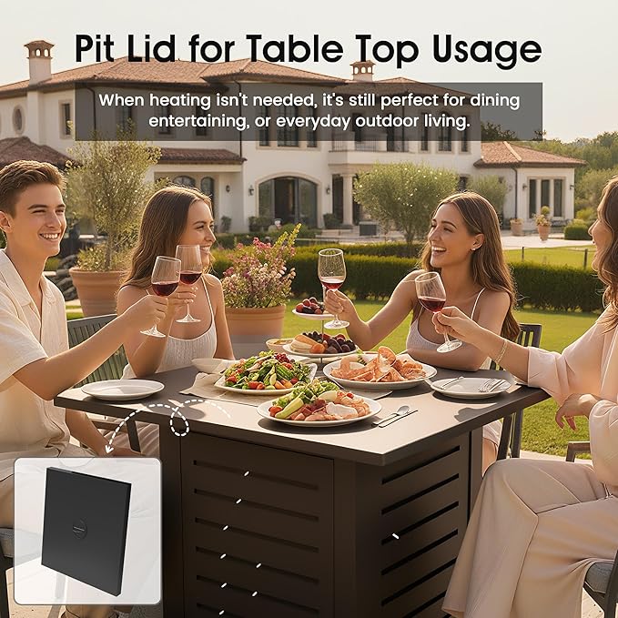 28 Inch Outdoor Propane Fire Pit50000 BTU Gas Fire Pit Table with Steel Lid304 Stainless Steel H-BurnerWind GuardFire Pits for Patio DeckBlack