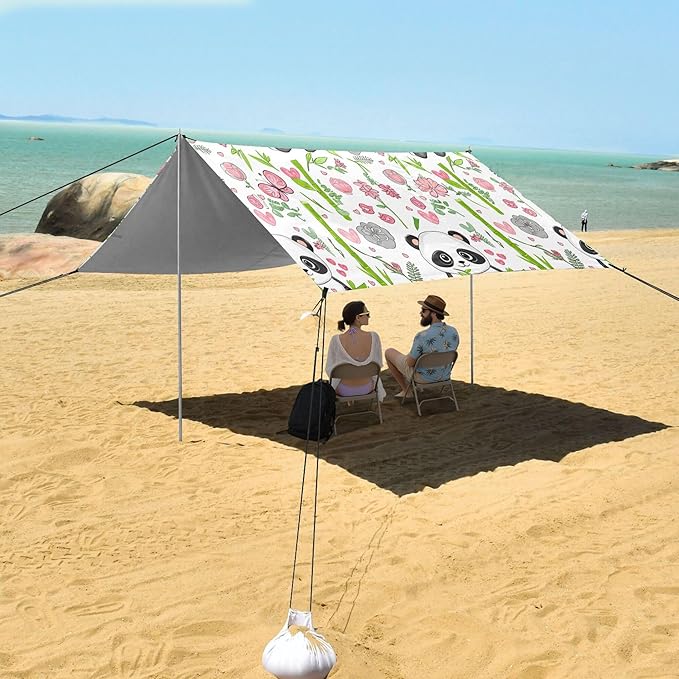 Panda Beach Canopy Sun Shelter with Sandbags &amp Sand Shovel &amp Windproof Ropes - Portable 110x126 Beach Shade Beach Tent for Camping Picnics
