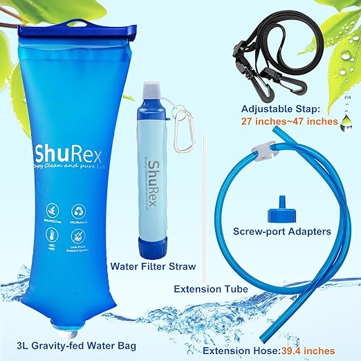 Gravity Fed Water Filtration System with Adjustable Tree Strap Gravity Bag with Filter Straw Water Purifier Survival for Travel Backpacking and Emergency Preparedness (3L)