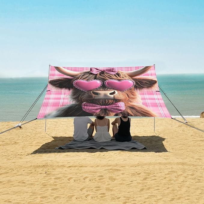 ALAZA Pink Bows Highland Cow Beach Tent Sun Shelter Portable Canopy Sunshade for Outdoor Camping Picnics Backyard Fun 10x9 ft