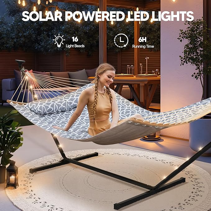 SUNCREAT Double Outdoor Hammock with 12 ft Stand Solar Powered Lights 2 Person Hammocks for Outside Grey