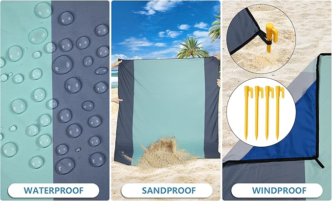 WIWIGO Beach Blanket Waterproof Sandproof Beach Mat 79 X 83/10'x9'for 2-8 Adults Quick Drying Outdoor Picnic Mat Beach Accessories for Travel Camping Hiking