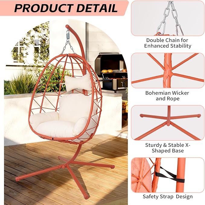 Hanging Egg Chair with Stand Outdoor Indoor Patio Rattan Swing Hammock Chairs with Washable Cushion PE Wicker Swing Chair for Backyard Bedroom Garden (Orange Red +White Cushion No Footrest)