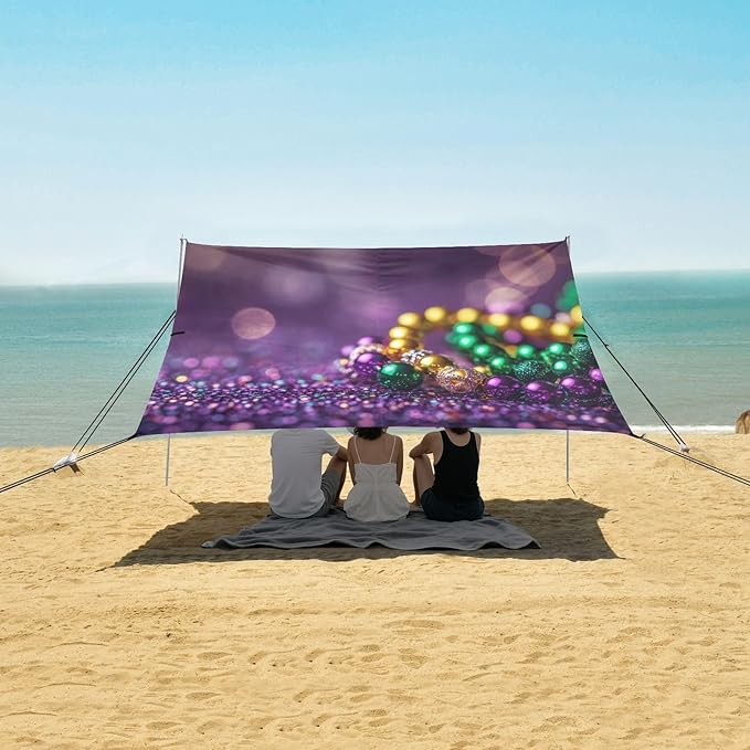 Mardi Gras Carnival Glowing Beach Tent Sun Shelter Set UPF50+ UV Protection 10.5 x 9.19 FT Camping Shade Canopy with Sandbags Sand Anchors Carrying Bag and Others