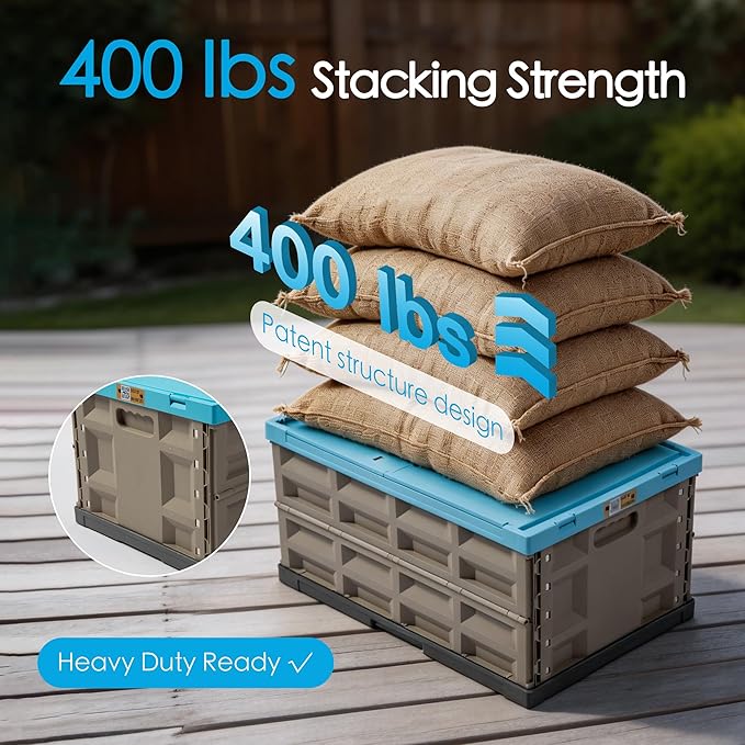 2 Pack Heavy Duty Storage Bins with Lids 12 Gallon Collapsible Plastic Containers 400 LBS Stacking Strength Foldable Locking Box for Garage Camping Truck Bed (Blue - 45L - Pack of 2)