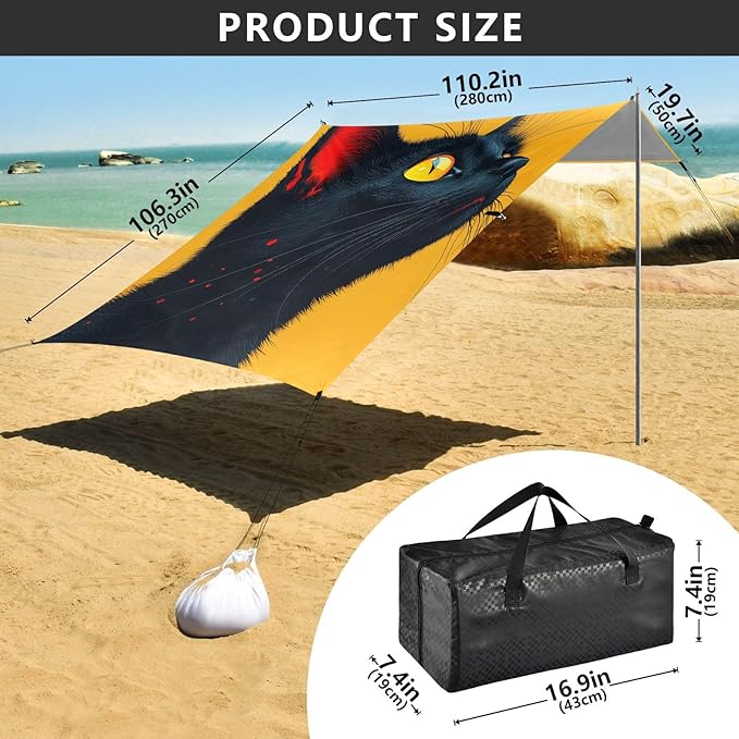 ALAZA Cute Black Cat Beach Tent Sun Shelter Portable Canopy Sunshade for Outdoor Camping Picnics Backyard Fun 10x9 ft