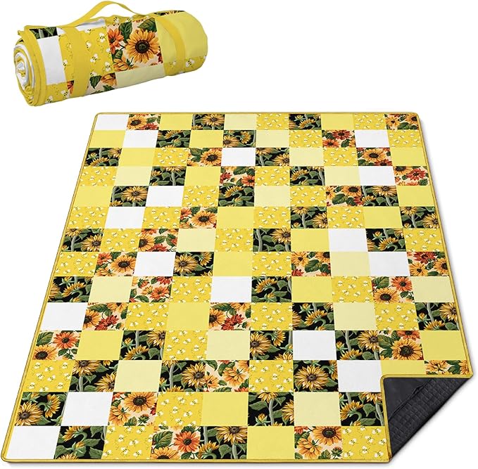 Checkered Picnic Blankets Waterproof Foldable 60″X80″Sunflower Picnic Mat Outdoor Blanket for Grass Cute Bee Thick Beach Blanket Sandproof Picnic Accessories for Camping Party Park Patio