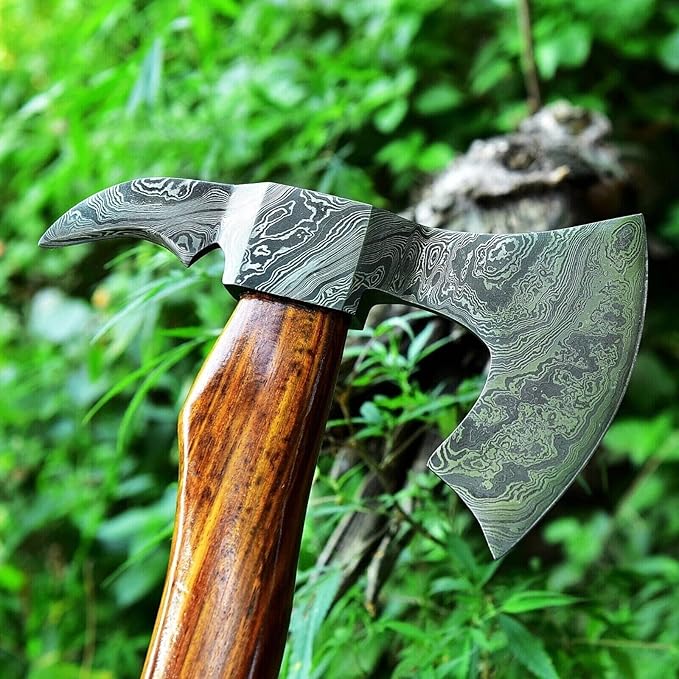 Handmade Damascus Steel Siking Tomahawk Axe for Camping Viking and Hnting Axe with Leather Sheath