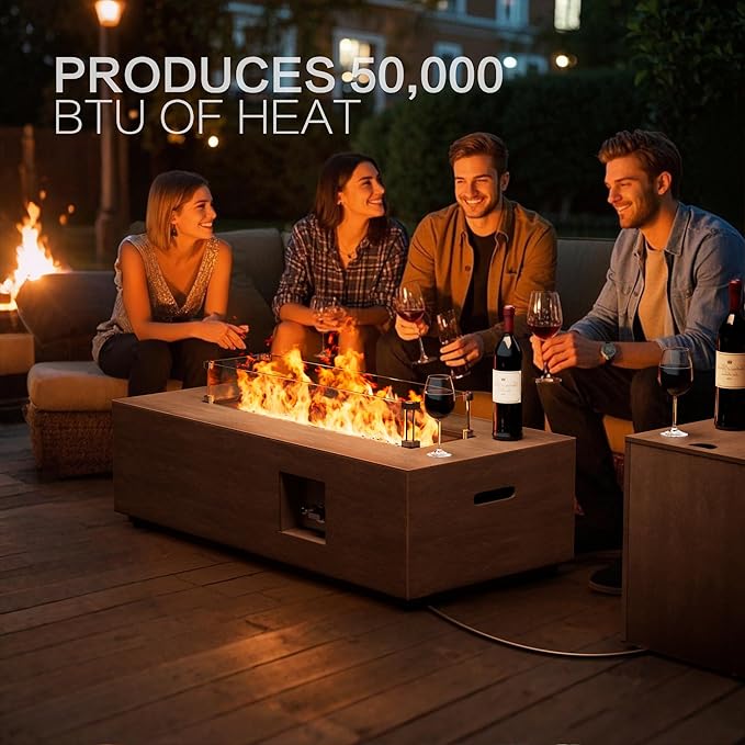 42 Outdoor Fire Pit Table 50000 BTU Gas Fire Pit with Glass Wind Guard Fire Stones Waterproof Cover Propane Fire Pit Table for Outside Patio (Brown)