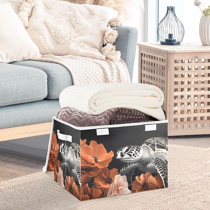 Storage Cube with Lid Sea Turtle Floral Print 16.5×12.6×11.8 IN Collapsible Large Capacity Foldable Storage Basket Bin Organizer