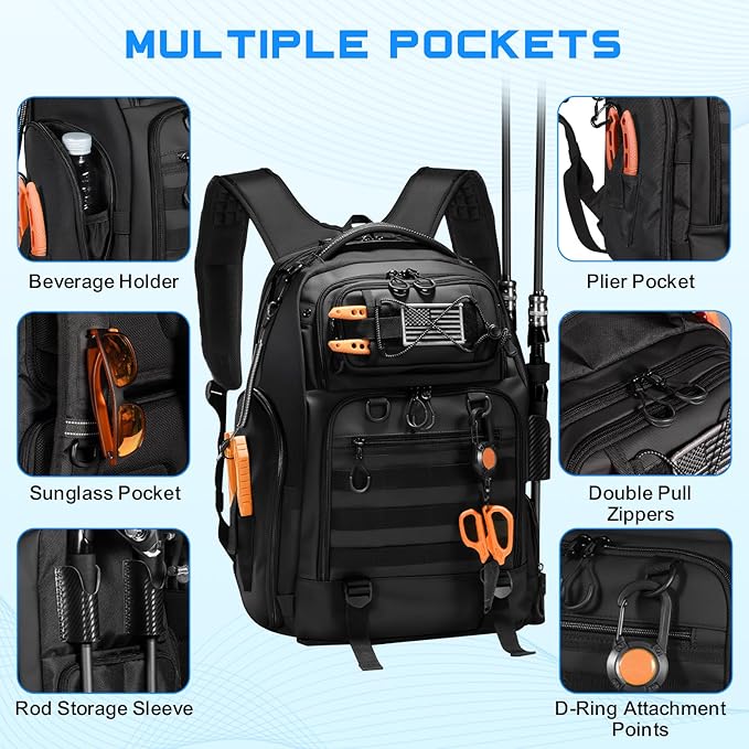 50L Fishing Tackle Backpack with Removable Lure WrapsInclude (4) 3600 Tackle Boxes 2 Rod Holders Storage Fishing Gear and Equipment