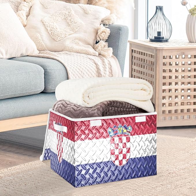 Croatia Flag Blue Red Storage Bins with Lids Foldable Closet Organizer Storage Bins with Handles for Dorm Room Home