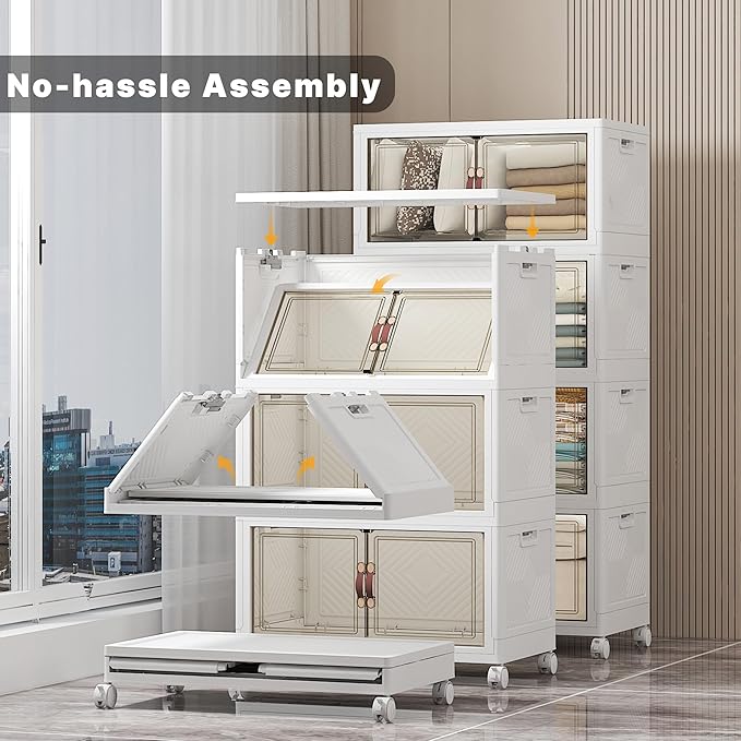 UAMFURI Stackable Storage Bins with Lids Extra Large Plastic Organizer Cabinet Drawers 448QT Collapsible Closet Containers with Doors and WheelsFor Bedroom Office Garage(4Pack Cube)
