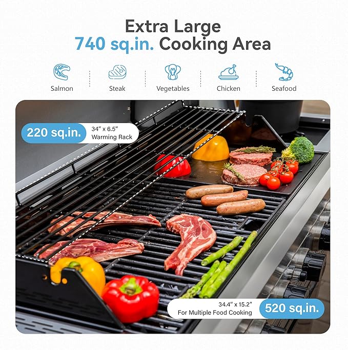 2 in 1 Propane Griddle Grill Combo 6-Burner Propane Gas BBQ Grill with Porcelain-Enameled Cast Iron Grates &amp Plate 42000 BTU Combo Grill with Side Stove for Outdoor Cooking Camping Patio Backya