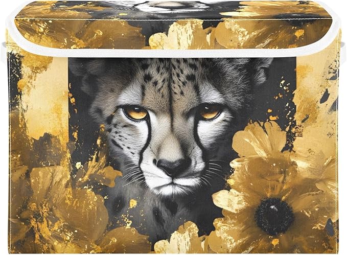 AIXIWAWA Lidded Storage Cube (Cheetah Gold Flower) Fabric Foldable Closet Bins with Flip Lid and Handles Organizer Basket Container 16.5 x 12.6 x 11.8 IN