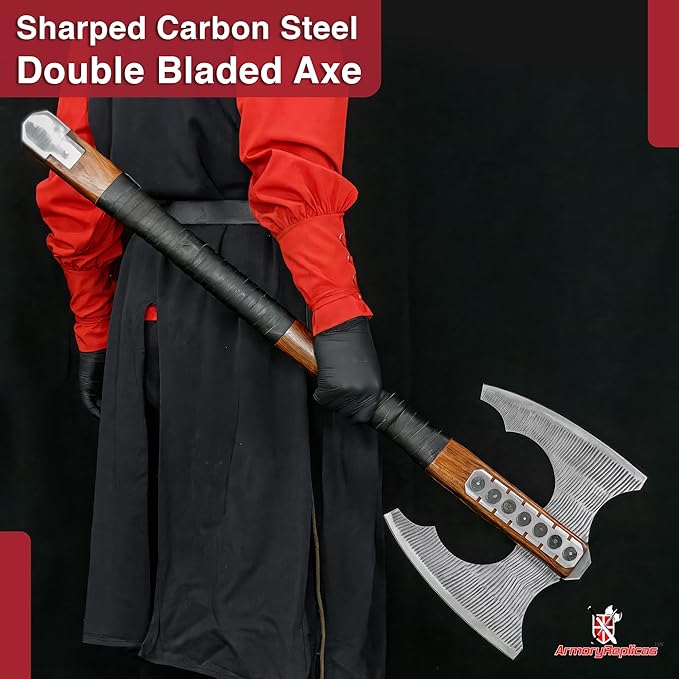 Armory Replicas™ Viking Double-Bladed Axe with Carbon Steel Blades and Leather-Wrapped Walnut Handle