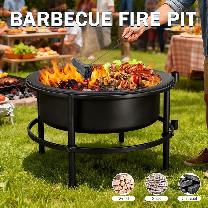 Fire Pits for Outside Wood Burning Large Outdoor Fire Pit Stove with Roating Table and BBQ Grill Cold Finished Steel Round Firepit Bowl with Poker Waterproof Cover Grill Brush