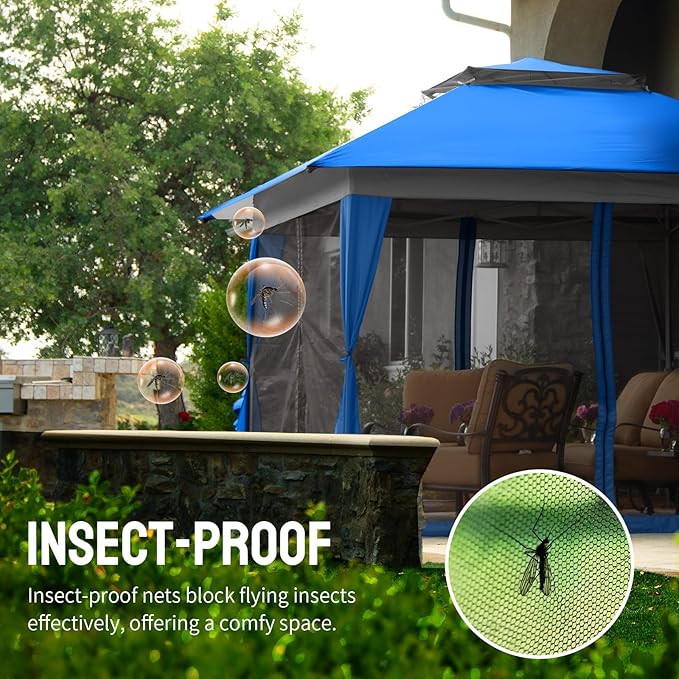 CROWN SHADES 13x13 Pop Up Gazebo Canopy Tent Gazebos on Clearance - Outdoor Gazebo for Backyard &amp Patio Furniture - Carpa Pop Up Tent with Wheeled STO-N-Go Cover Bag (Blue)
