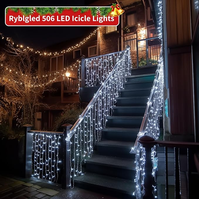 Icicle Christmas Lights for Outside - 65Ft 506 LED Plug-in Icicle String Lights Outdoor Decorations with RemoteWaterproof Cool White Christmas Icicle Lights for House Bedroom Balcony Decor