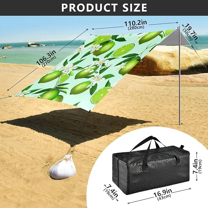 Beach Canopy with Windproof Ropes &amp Sandbags Beach Tent Sun Shade Sun Shelter for Camping Trips Fishing Backyard Fun or Picnics Lime