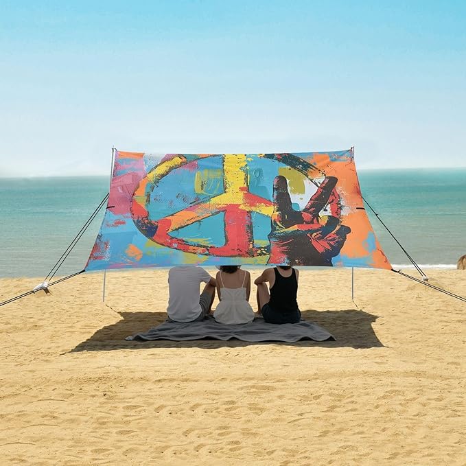 ALAZA Peace Sign Gesture Painting Beach Tent Sun Shelter UPF50+ Protection Beach Shade Canopy w/ 4 Sandbags for Outdoor Camping Fishing Backyard Fun Picnic 10x9 ft