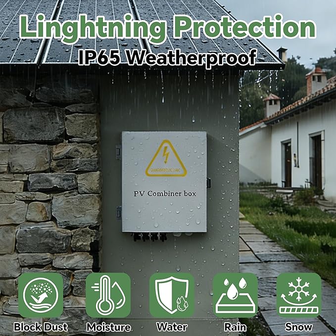 4 String Solar Combiner Box IP65 Waterproof PV Combiner Break for On/Off Grid Solar System with Lightning Arrester 15A Rated Current Fuse&amp 63A Circuit Breaker (Metal Box)