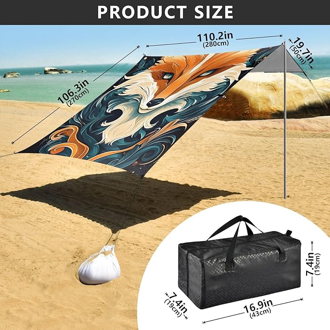 ALAZA Mystical Fox Beach Tent Sun Shelter Portable Canopy Sunshade for Outdoor Camping Picnics Backyard Fun 10x9 ft