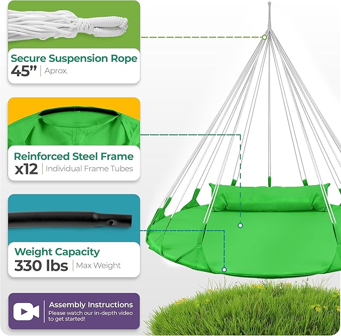 Sorbus 56 Stylish Hanging Swing Nest - Premium Cotton Double Hammock Daybed Saucer Swings Lounger - 264lbs Spinner Swing w/Pillow - Easy Setup Sturdy Tree Swing - for Indoor/Outdoor Travel - Green